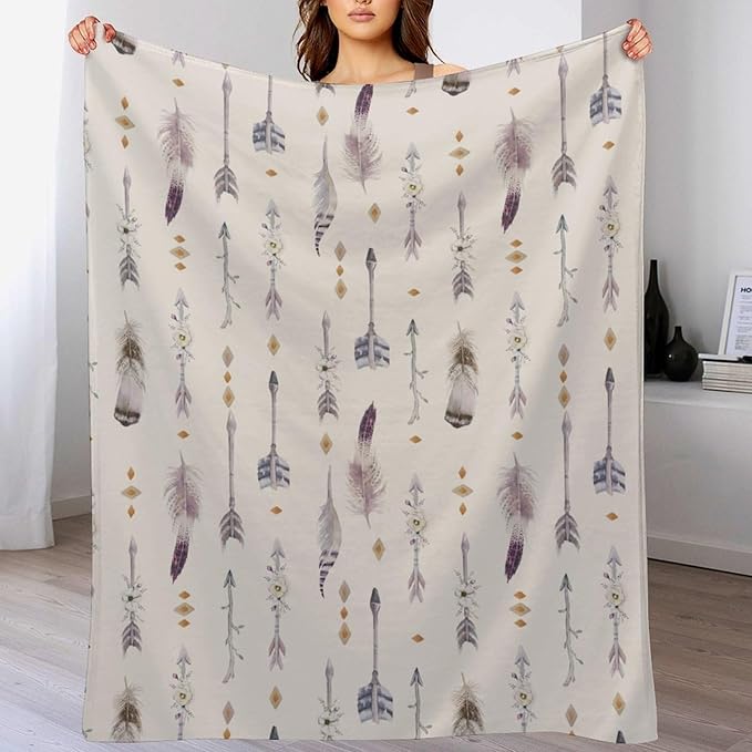 Boho Tribe Blanket, Bohemian Aztec Ethnic Tribe Native Tribal Arrows Feathers Print Pattern Throw Blanket for for Chair Bed Sofa Couch 50"x60"