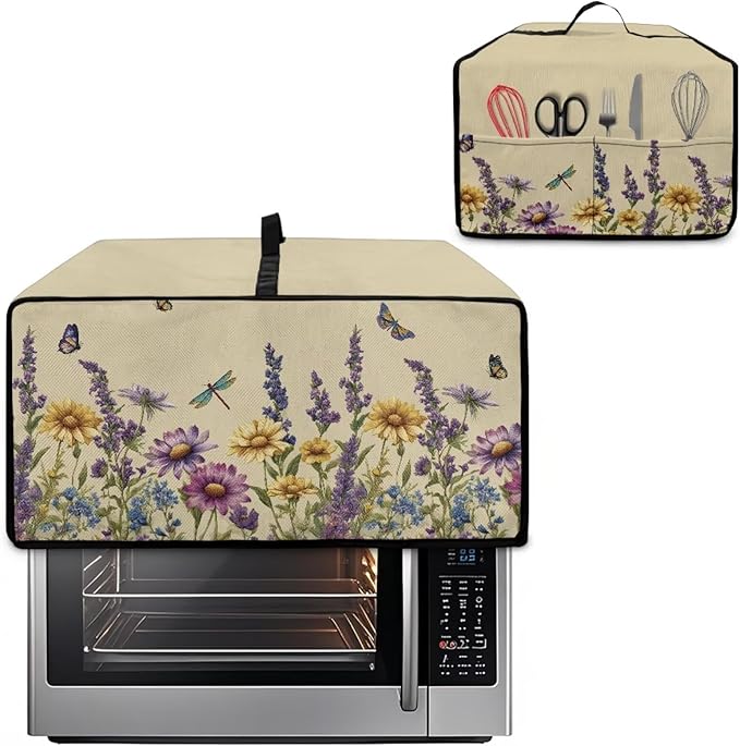 Convection Toaster Oven Cover with Side Pockets, Dust-Proof Smart Microwave Oven Protector for Countertop Decorations, L, Floral Butterfly Dragonfly