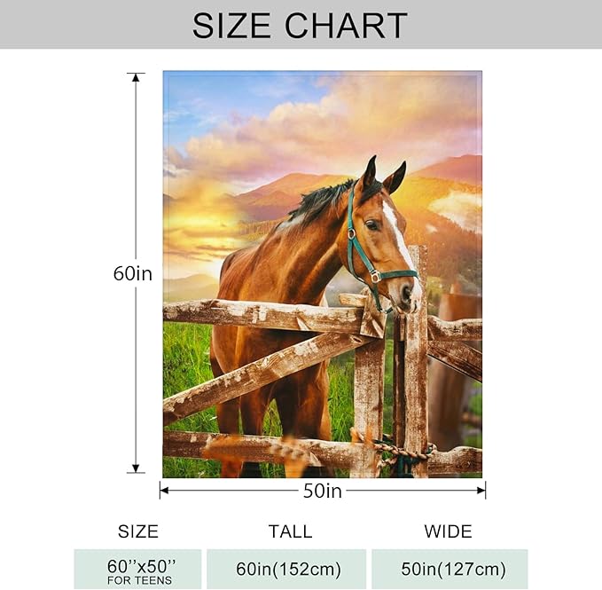 3D Horse Throw Blanket for Couch, Super Soft Fuzzy Throws Warm Comfortable Plush Fleece Blanket, Fashion Decorative Flannel Fleece Blanket for All Season(50 x 60 in, Horse & Pasture)