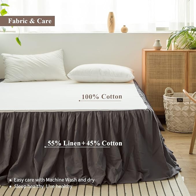 BISELINA French Linen Bed Skirt with Pleated Frills 14-Inch Tailored Drop Natural Flax Cotton Blend Dust Ruffle Soft Cozy Farmhouse Bedding (14" Queen, Ruffle Dark Grey)