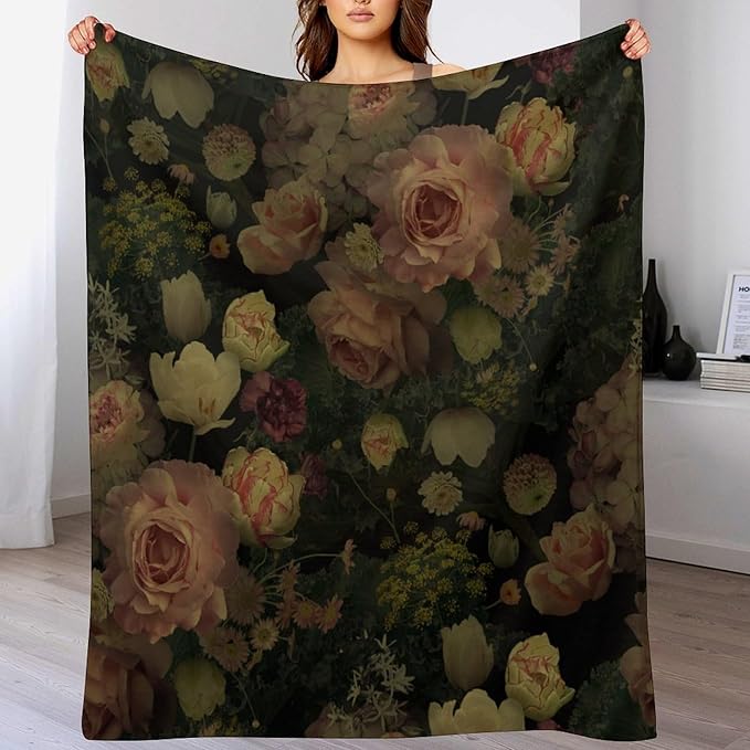 Black Floral Blanket, Rustic Watercolor Botanical Rose Peony Vintage Leaves Plant Boho Gothic Print Throw Blankets for Bed Living Room Bedding Couch Soft Decor, 60"x80"