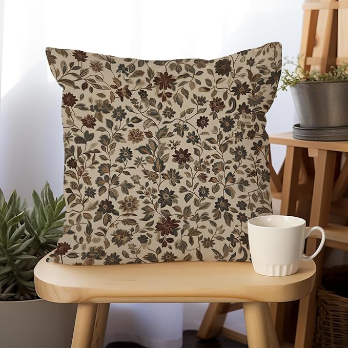 William Morris Abstract Vintage Floral Velvet Butterfly Design Throw Pillow Covers Home Decor, Retro Art Deco Pillowcase Cushion Cover for Bed Sofa Living Room, Square 18x18inch (Beige-Floral)