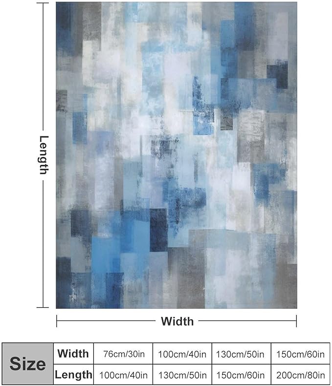 Fashion Gradient Blanket, Modern Art Abstract Blue Grey Check Painting Strokes Pattern Soft Warm Cozy Plush Flannel Covers for Livingroom Bedroom Couch Chair Camping Travel Home Decor Tapestry 50x60in