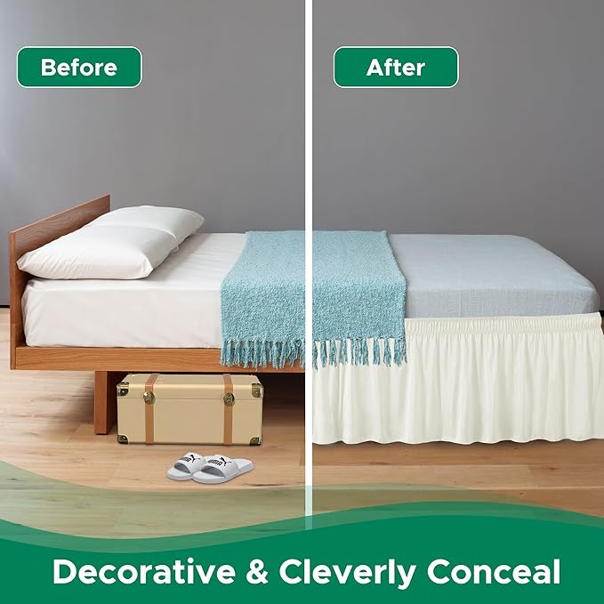 Biscaynebay Wrap Around Bed Skirts for King & Cal King Beds 18" Long Drop, Ivory Adjustable Elastic Dust Ruffles Easy Fit Wrinkle Resistant Silky Luxurious Fabric Machine Washable