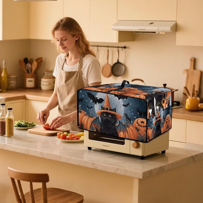 Bat Cat Pumpkin Moon Print Toaster Oven Cover Dust-Proof Microwave Oven Grill Cover Protector with Top Handle Reusable Reusable Kitchen Accessories for Halloween Decor, S