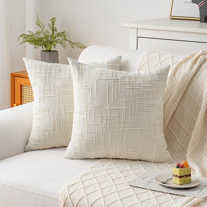 Decorative Throw Pillow Covers 22x22 Inch Set of 2, Thick Solid Farmhouse Chenille Couch Pillows, Spring Pillow Covers for Couch Sofa Bed Living Room Home Decor Pillowcase,White