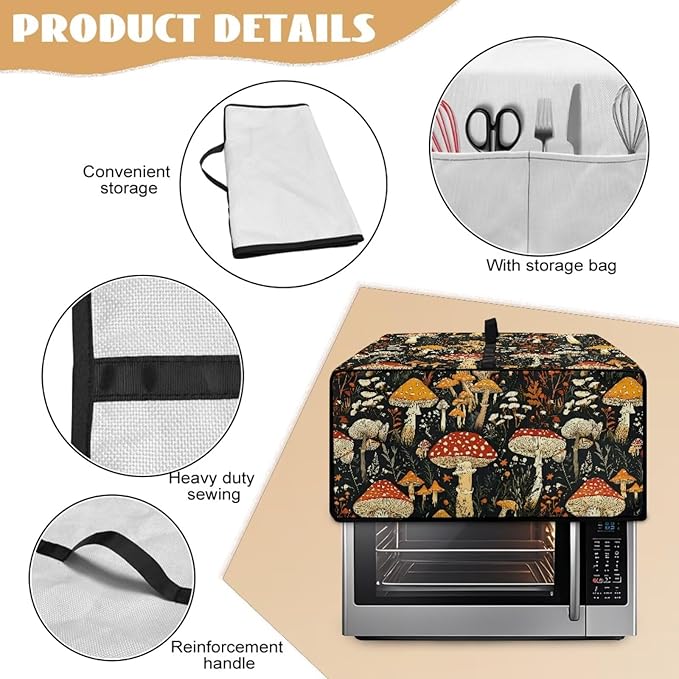 Dustproof Toaster Oven Cover Polyester-Linen Fabric Microwave Oven Dust Cover Foldable Kitchen Appliance Protector Dirt and Fingerprint Protection, Vintage Mushroom Plant Print, M
