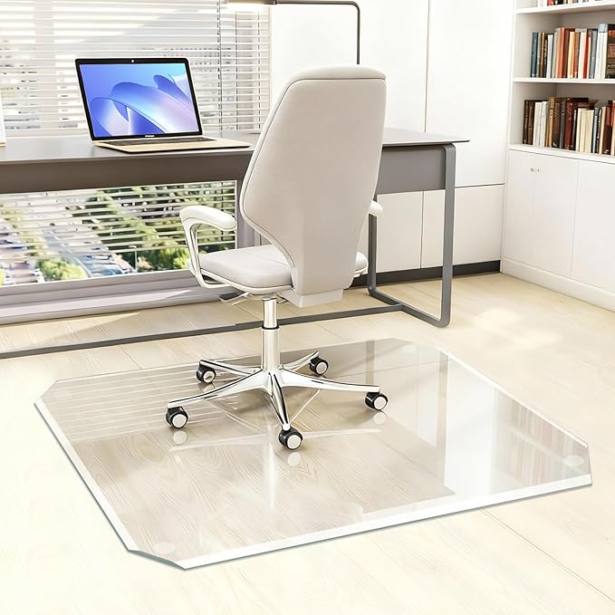 Tempered Glass Chair Mat with Patented Beveled Edge, 46”x55” 1/5" Thick Office Floor Mat for Carpet & Hardwood, w/ 12 Anti-Slip Pads