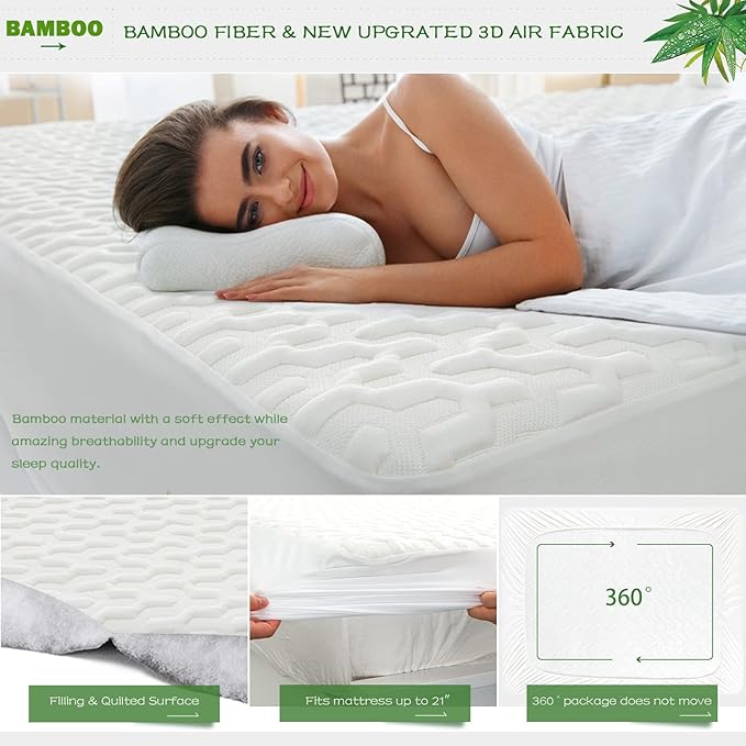 GRT Cal King Waterproof Mattress Protector Rayon Bamboo - 3D Air Fiber Cooling Mattress Protector Cover, Breathable Mattress Pad Noiseless 8''-21'' Deep Pocket Machine Washable