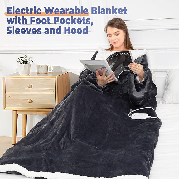 Wearable Heated Blanket with Foot Pocket, Electric Wearable Throw Blanket with Sleeves, Hood, Portable Heated Blanket with 8 Heat Settings, 1-10 Hours Auto Shut-off, Gift for Family, Friends, 50*70"