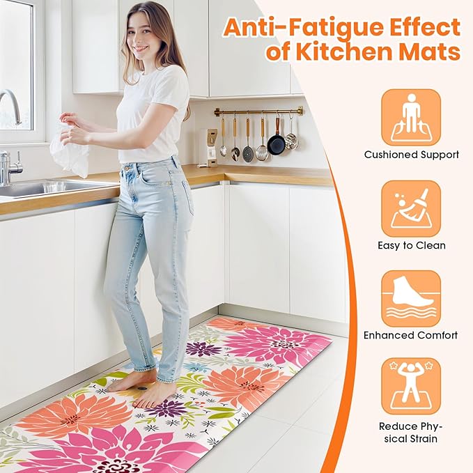 Kitchen Mats for Floor,Cushioned Rug Anti-Fatigue Mats for Kitchen Decor Accessories,Waterproof Non-Slip Mat and Rug for Office,Floor,Laundry 17.3"*60",Mutil-Pink