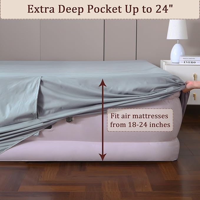 Fitted Sheet for Queen Air Mattress, with 18-24 Inch Extra Deep Pocket, Soft Breathable Bed Sheet Bottom Mattress Cover for Inflatable Air Bed, Grey