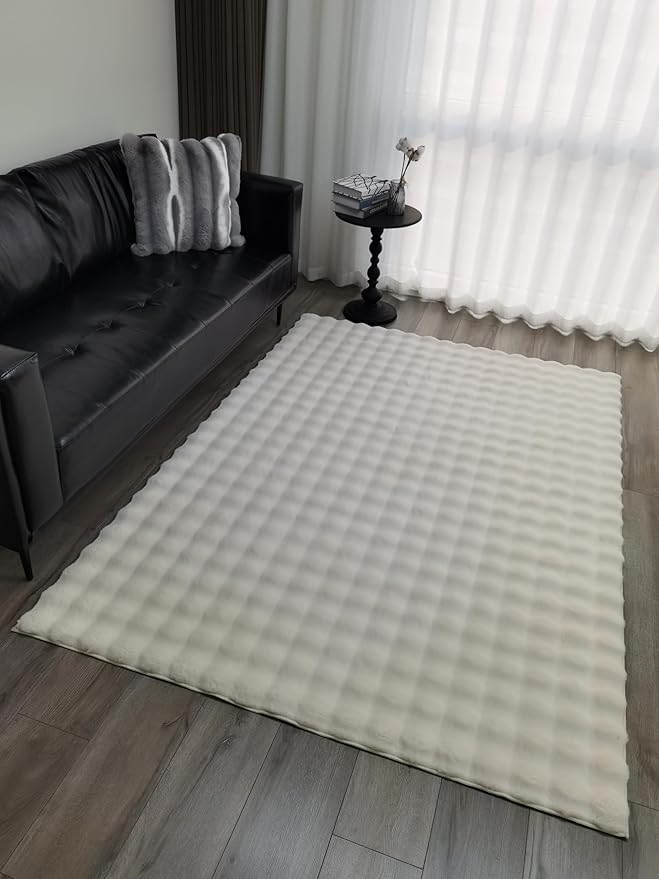 GLORY RUGS Area Rugs Bubble Soft Faux Rabbit Fur Rug 5x7 Polar Beige Plush Carpet Shag Cozy Fluffy Rug Non Slip Rugs, Machine Washable Shaggy Area Rug Bedroom Living Room and Dining Room.