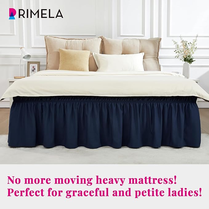 RIMELA Navy Blue Bed Skirt Queen Size 15 Inch Drop, Elastic Bed Skirting for Bed Base and Frame, Bedding Dust Ruffle Easy to Install, Lightweight Wrap Around Adjustable Bedskirt