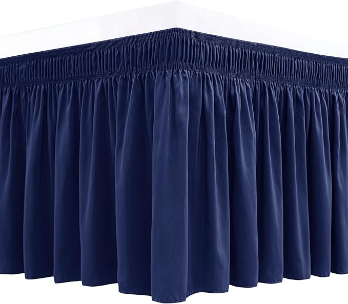 Biscaynebay Wrap Around Bed Skirts for Queen Beds 16" Drop, Navy Adjustable Elastic Dust Ruffles Easy Fit Wrinkle & Fade Resistant Silky Luxurious Fabric Solid Machine Washable