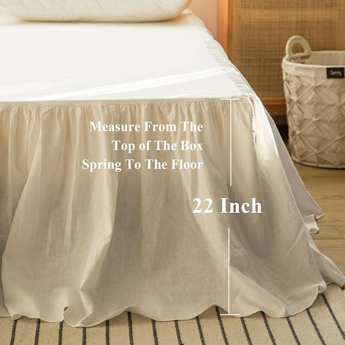 BISELINA French Linen Bed Skirt with Pleated Frills 22-Inch Tailored Drop Natural Flax Cotton Blend Dust Ruffle Soft Cozy Farmhouse Bedding (22" Twin, White)