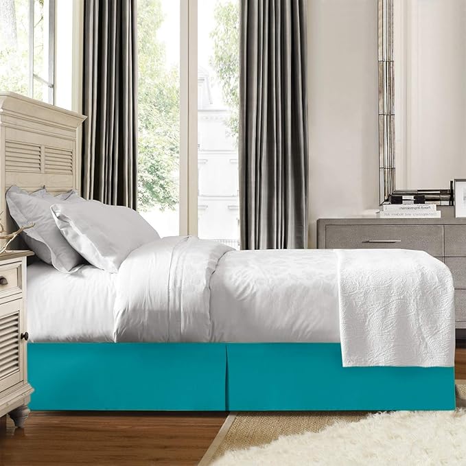 Bed Skirt - 100% Cotton 800 Thread Count Box Pleated Bed Skirt - Luxury Pleated Dust Ruffle, Hotel Quality Modern Bed Skirt, Easy Fit with 12 Inch Tailored Drop, Queen XL, Turquoise