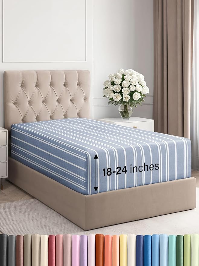 Extra Deep Twin XL Fitted Sheet - Hotel Luxury Single Fitted Sheet Only - Easily Fits 18 inch to 24 inch Mattress - Ultra Soft, Wrinkle Free w/Extra Deep Pockets - Breathable & Comfy - Blue Stripes