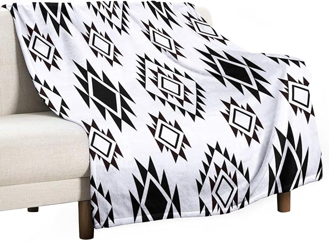 Boho Throw Blanket, Black and White Native Blankets, Vintage Tribal Aztec Printed Flannel Blanket for Chair Bed Sofa Couch 30"x40"