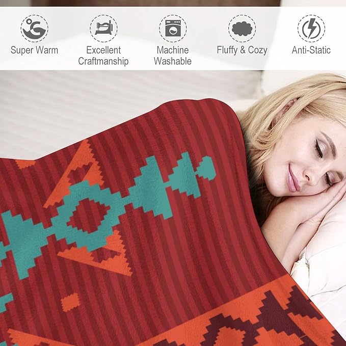 Aztec Throw Blanket, Red Native Southwestern Boho Blanket for Couch Bed Chair Outdoor Travel 30"x40"