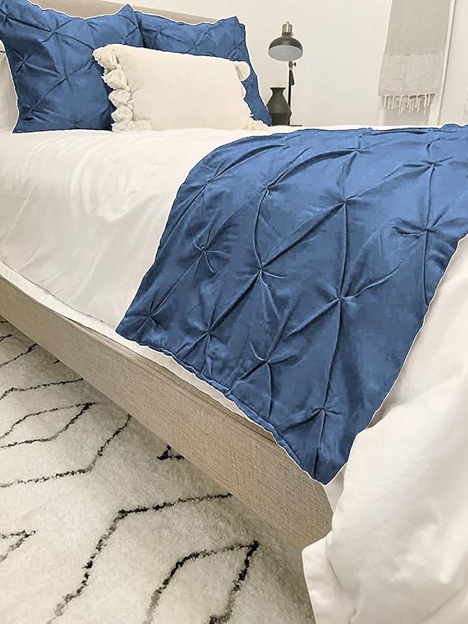 Bed Runner Set - 100% Pure Cotton 800 Thread Count - Luxury 1 Pinch Pleated Bed Runner and 2 Pillow Cover - 3 Piece Pinch Pleated Bed Runner Set Queen, Medium Blue