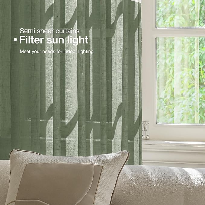 Anmao Natural Linen Curtains for Living Room 108 Inch Length 2 Panels Set, Light Filtering Semi Sheer Window Curtain Drapes for Bedroom with Curtain Rings and Clips, 52 Inch Wide Each Panel, Olive