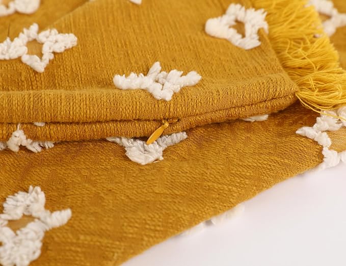 Boho Long Lumbar Pillow Cover 14x24 with Tassel,3D Flower Patterned Cotton Decorative Long Lumbar Pillow Cover Pillow Case for Sofa Couch Bed Livingroom Farmhouse,Yellow