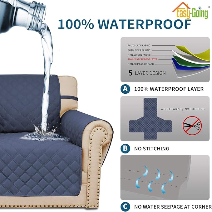 Easy-Going Sofa Slipcover Loveseat Cover Waterproof Couch Cover Washable Sofa Cover for 2 Cushion Couch Non-Slip Fabric Furniture Protector with Pocket for Pets Kids Dog Cat (Loveseat, Navy)
