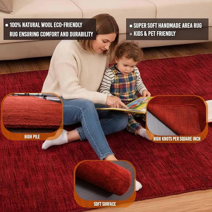 Hand Knotted Wool & Silk ECO-Friendly Oriental Area Rugs - 8'x10', Rectangle Shape, Cream Burgundy Color, Classic Oriental Traditional, Medium Pile Handmade Area Rugs (AF0102)
