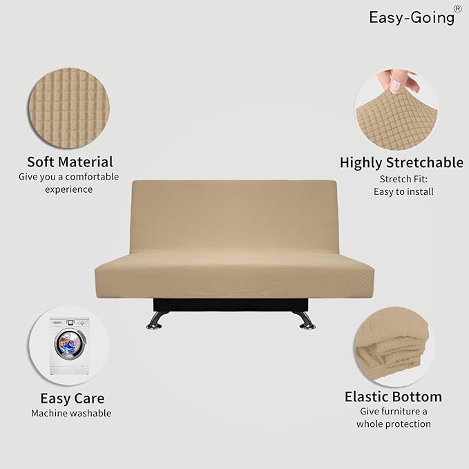 Easy-Going Stretch Futon Slipcover Armless Futon Bed Cover Furniture Protector Without Armrests with Elastic Bottom for Kids, Soft Jacquard Fabric Small Checks (Medium, Sand)