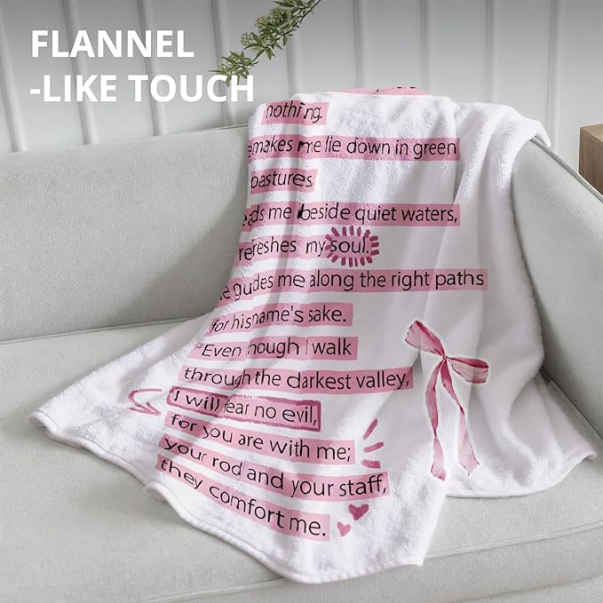 Coquette Pink Bow Christian Blanket, Psalm 23 Bible Verse Throw Blankets for Girly Room Bedroom Dorm Couch Bed Decor, Preppy Religious Blanket, Christian Gifts for Women Girls, 50x60 Inch