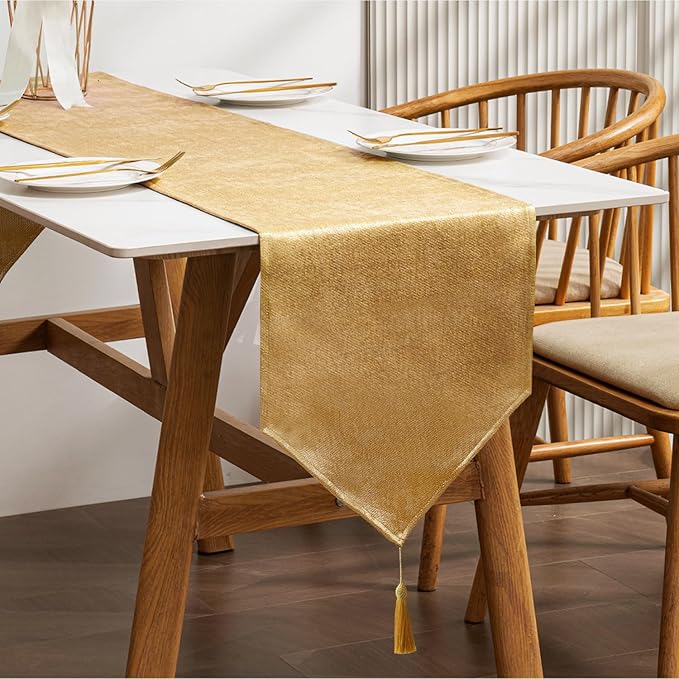 BALCONY & FALCON Gold Table Runner Lustrous Linen 14"x51" Water Resistant Washable Vintage Rustic Tassels Runner for Table, Dining, Party, Wedding, Birthday, Easter, Thanksgiving, Christmas Décor