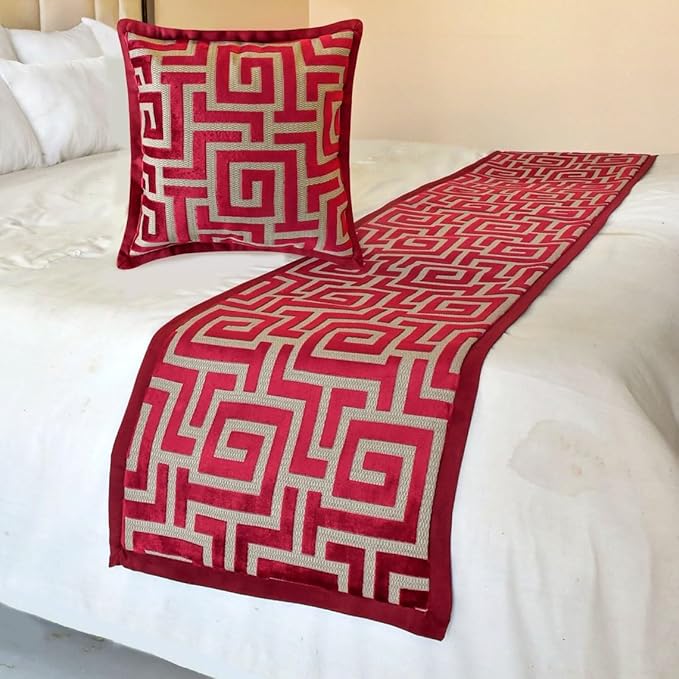 The HomeCentric King/Queen/Twin Red Designer Full 68"x18" Bed Runner with Pillow Cover, Maze Bed Scarf on Velvet Fabric - Path