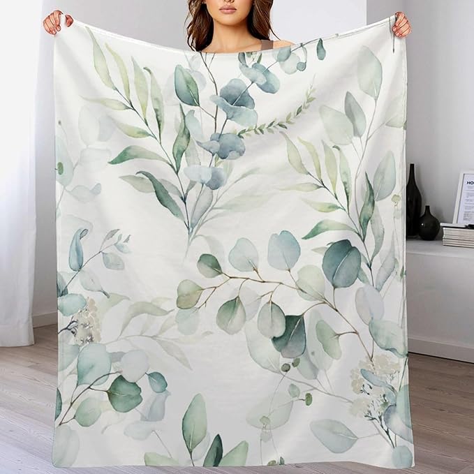 Eucalyptus Leaf Throw Blanket, Watercolor Floral Spring Botanical Green Plants Herb Print Cozy Plush Blanket for Bedroom Living Rooms Sofa Couch, 30"x40"