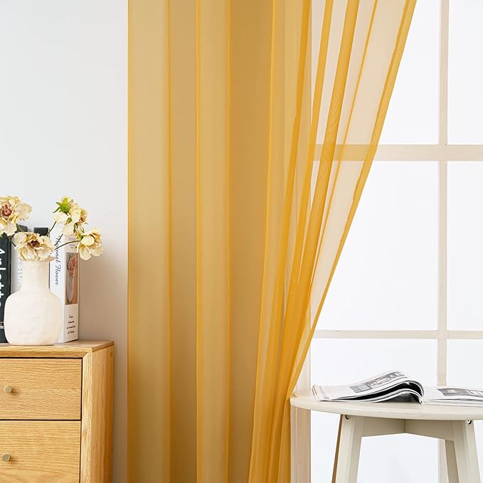 MIULEE 2 Panels Solid Color Sheer Window Curtains Elegant Window Voile Fall Panels/Drapes/Treatment for Bedroom Living Room (54X108 Inches Gold)