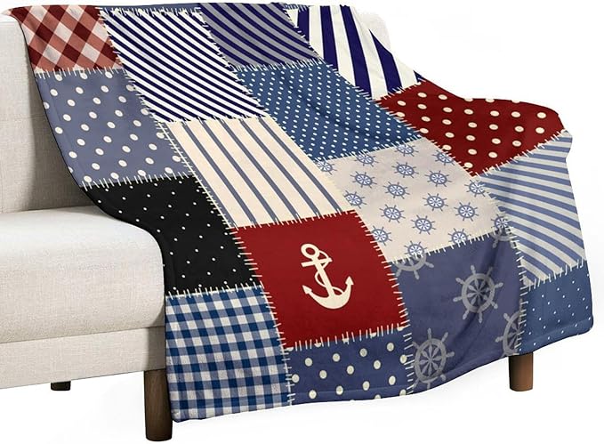 Nautical Blanket Vintage Coastal Rustic Red Blue White Polka Dot Stripe Anchor Patchwork Soft Cozy Lightweight Throw Blanket for Women Men Bedroom Living Room Dorm Chair Sofa Travel 70x80in