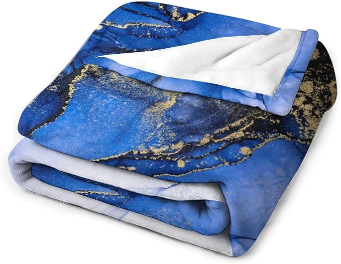 Modern Marble Blanket, Abstract Luxury Baroque Golden Dark Blue Stone Veins Pattern Soft Warm Cozy Plush Flannel Covers for Livingroom Bedroom Couch Chair Camping Travel Home Decor Tapestry 50x60in