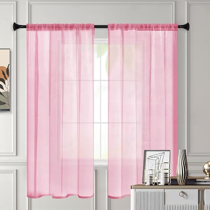 Sheer Curtains 45 Inches Long 2 Panels, Rod Pocket Short Curtain for Kitchen, Bedroom, Cafe Window(Pink 38" W x 45" L)