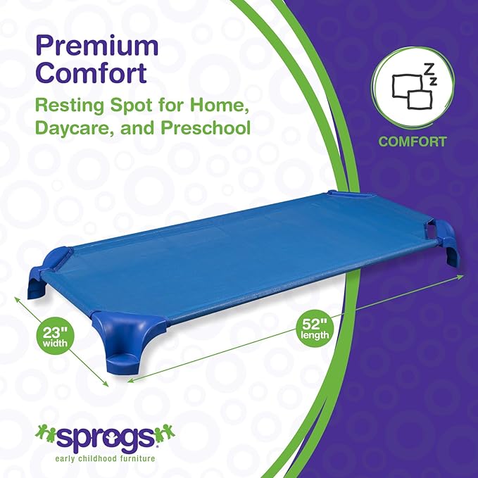 Sprogs Heavy-Duty Stackable Standard Size 52"L Daycare Cots for Kids and Toddlers, Stacking Preschool Classroom Kids Cots for Sleeping, Resting, Naptime, Pack of 6, Blue