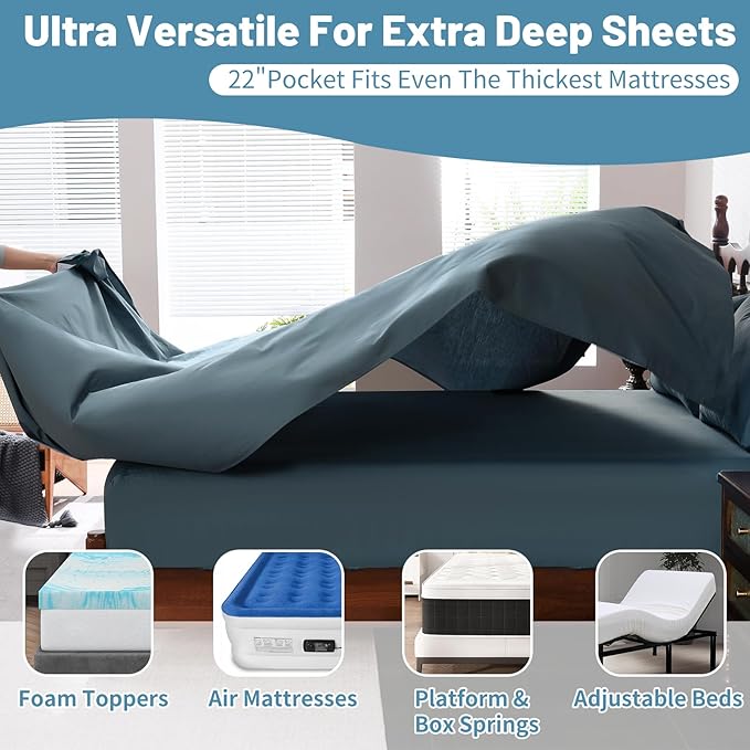 Extra Deep Pocket Queen Sheets 18-24 Inch 100% Egyptian Cotton 1000 Thread Count Sateen Weave Soft Breathable 4 Pieces（Queen,Lake Blue）