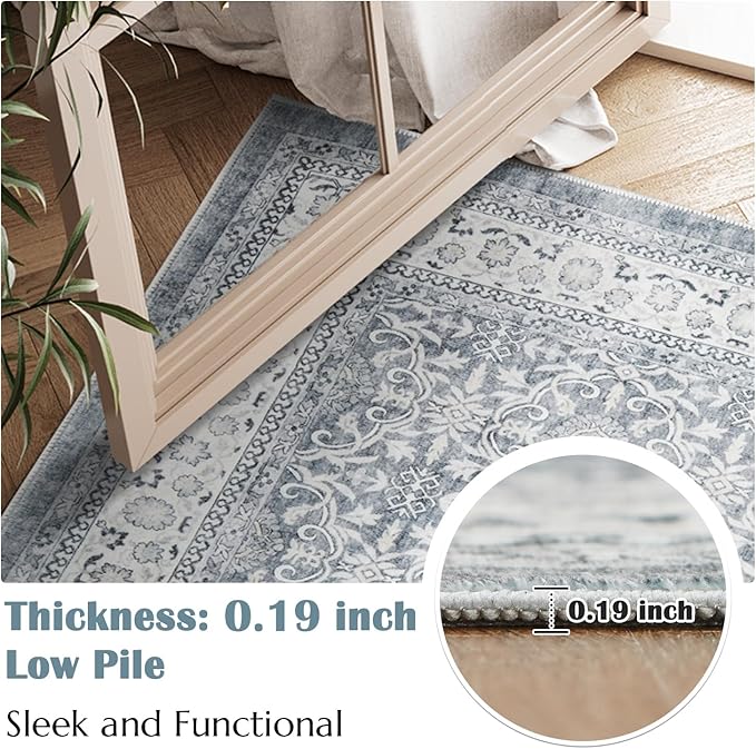 jinchan Floral 9x12 Area Rugs for Living Room - Machine Washable Vintage Distressed Boho Design Soft Throw Rug Large Carpet Low-Pile Thin Non-Slip for Bedroom Dining Room Nursery (9‘x12', Grey)