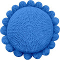 Boho Round Throw Pillow with Cute Handmade Pom Poms Tassels 18 Inch, Decorative Circular Knitted Crochet Cushion for Couch, Sofa, Chair, Bed, Blue