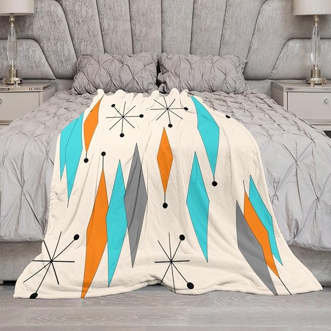 Mid Century Flannel Throw Blankets, Mid Century Modern Geometric Atomic Shapes Orange Retro Style Boho Print Blanket for Bed Couch Sofa Fuzzy Tv Throws 40"x50"