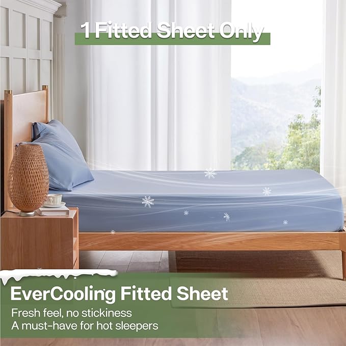 MR&HM Full Fitted Sheet Only, Ultra-Soft Rayon Derived from Bamboo & Polyester Blend, Silky & Breathable, 15" Deep Pocket with Elastic Straps, Cooling Fitted Sheet for Hot Sleepers, Light Blue
