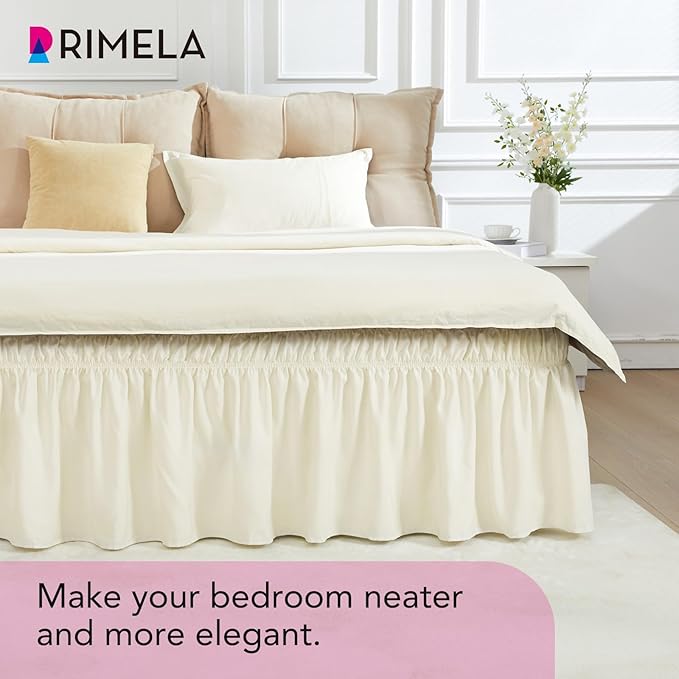RIMELA Ivory Bed Skirt Queen Size 15 Inch Drop, Elastic Bed Skirting for Bed Base and Frame, Bedding Dust Ruffle Easy to Install, Lightweight Wrap Around Adjustable Bedskirt
