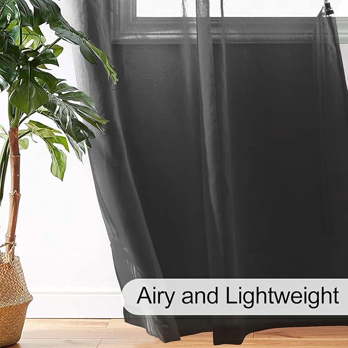 XWZO Black Sheer Curtains for Bedroom, Semi Transparent Light Filtering Grommet Voile Textured Window Curtains for Living Room, Nursery with Tiebacks, 52 x 63 Inches Long, Set of 2 Panels