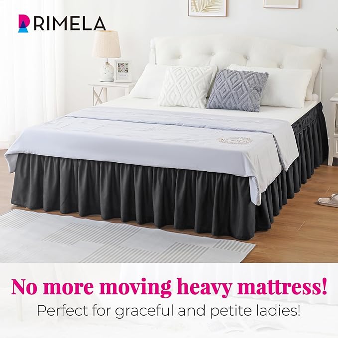 RIMELA Black Bed Skirt King Size 25 Inch Drop, Elastic Bed Skirting for Bed Base and Frame, Bedding Dust Ruffle Easy to Install, Lightweight Comforter Set with Wrap Around Adjustable Bedskirt