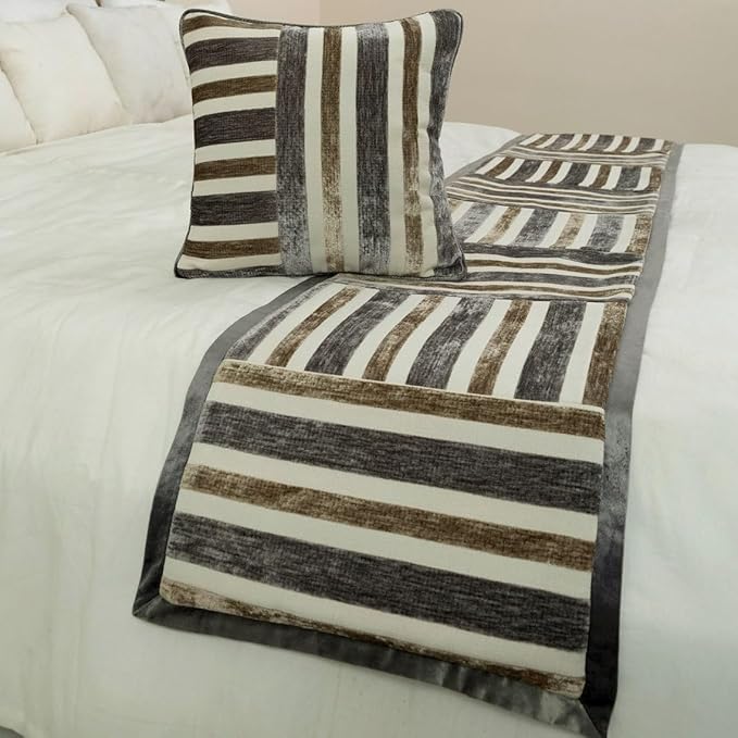 The HomeCentric King/Queen/Twin Beige & Grey Decorative CA King 86"x18" Bed Runner with 2 Pillow Cover, Patchwork Bed Scarf on Velvet Fabric - Striation