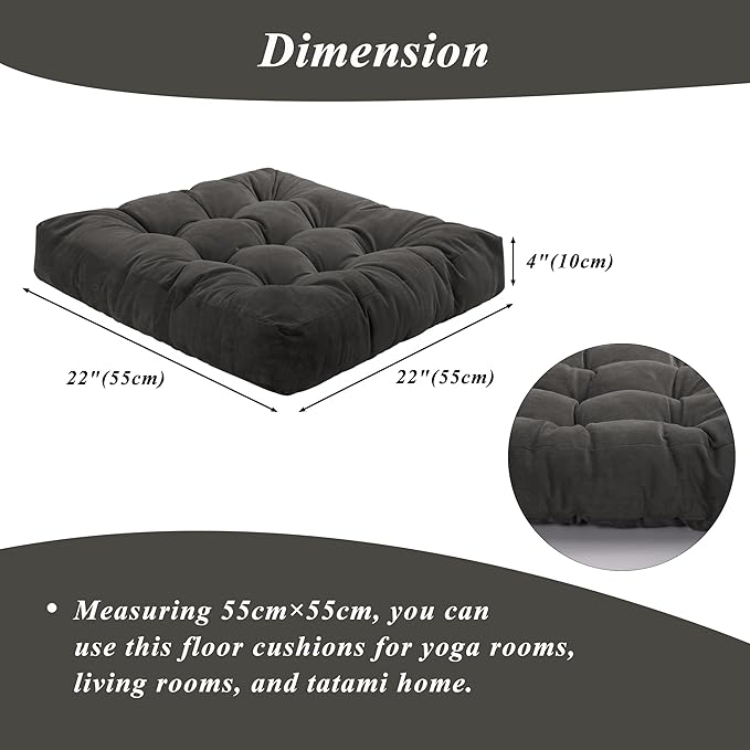 Meditation Floor Pillow 22×22 Inch 1 Pack Large Floor Cushions for Adults Square Tufted Corduroy Floor Pillows for Yoga Living Tatami Room Dark Grey