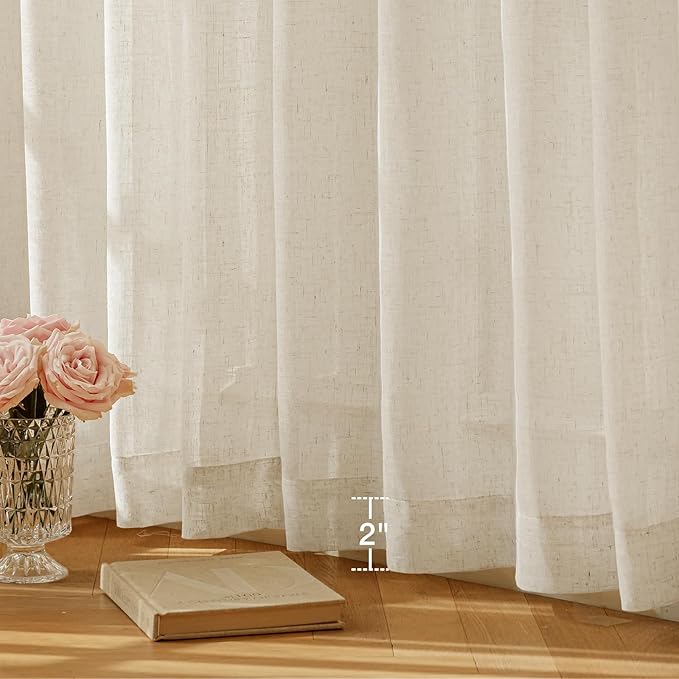 Anmao Natural Linen Curtains for Living Room 108 Inch Length 2 Panels Set, Light Filtering Semi Sheer Window Curtain Drapes for Bedroom with Curtain Rings and Clips, 52 Inch Wide Each Panel, Ecru